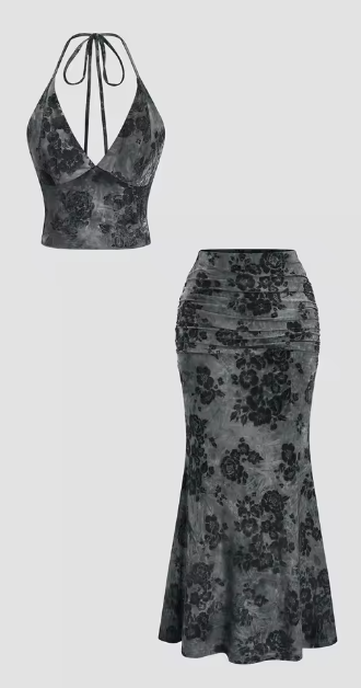 Floral Bohemian Deep V Neck Crop Top & Fish Tail Skirt Set