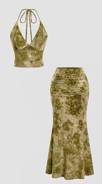 Floral Bohemian Deep V Neck Crop Top & Fish Tail Skirt Set