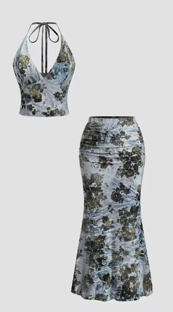 Floral Bohemian Deep V Neck Crop Top & Fish Tail Skirt Set
